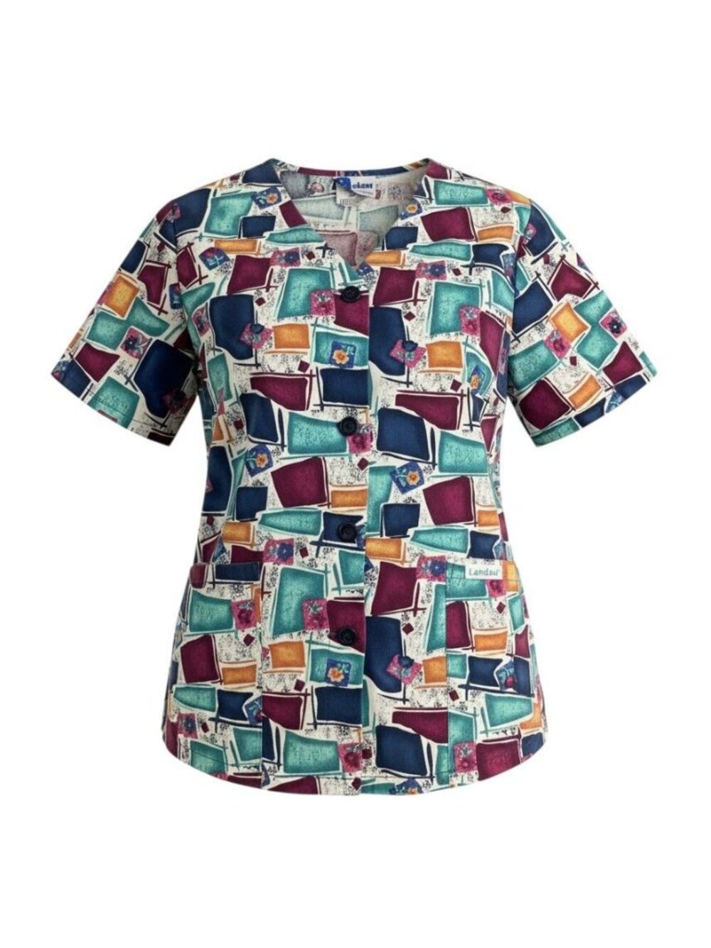 Landau Womens Printed Scrub Top V-Neck Short Sleeve Medium Multicolor